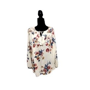 Chaps Cream Floral Size 1XL Balloon Sleeve Semi Sheer Chiffon Top Womens Blouse